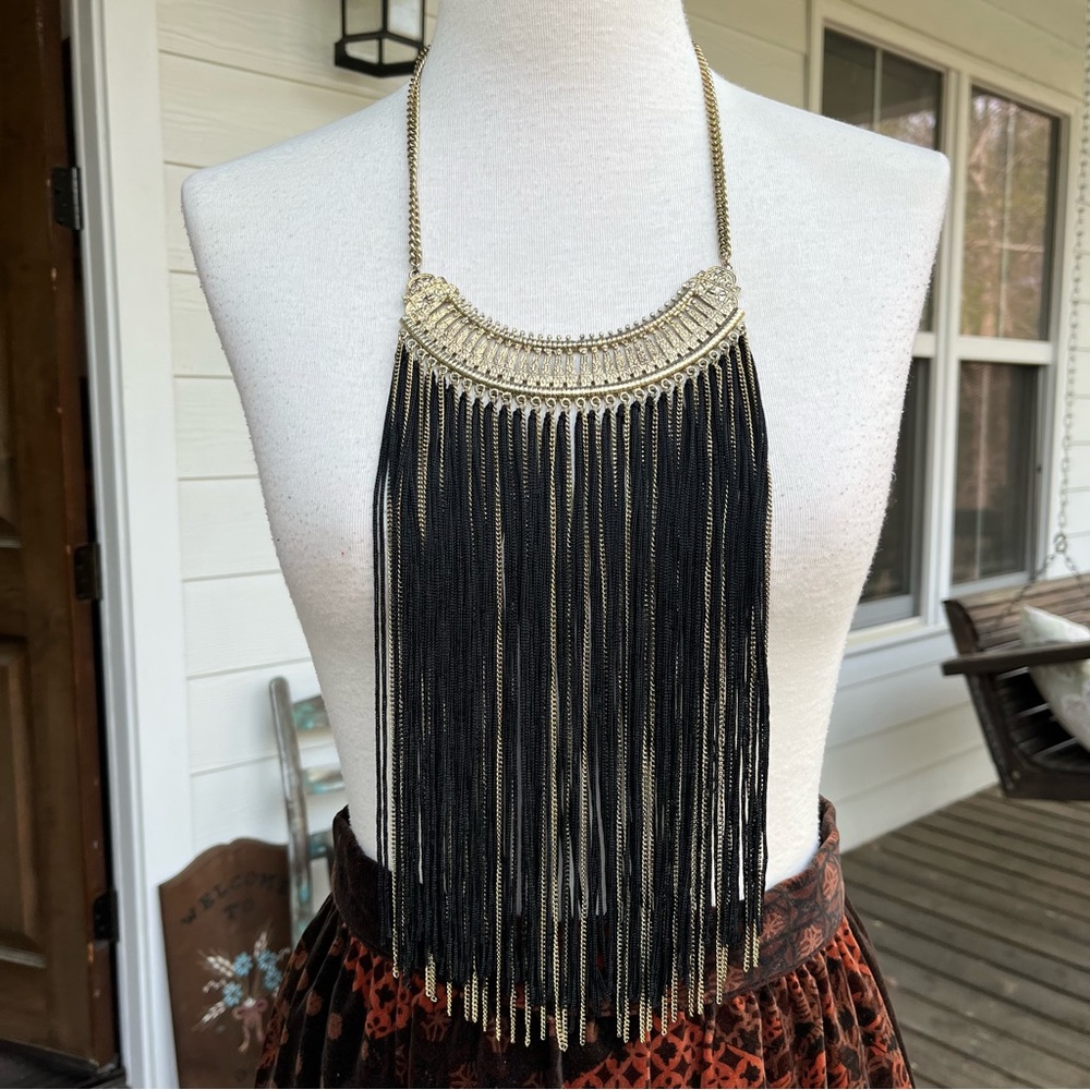 Boho Ibiza Fringe Statement Necklace – Black and Gold